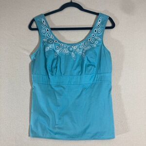 Ann Taylor Loft Women's Tank‎ 6 Light Aqua Blue Embroidered Babydoll Cotton Boho